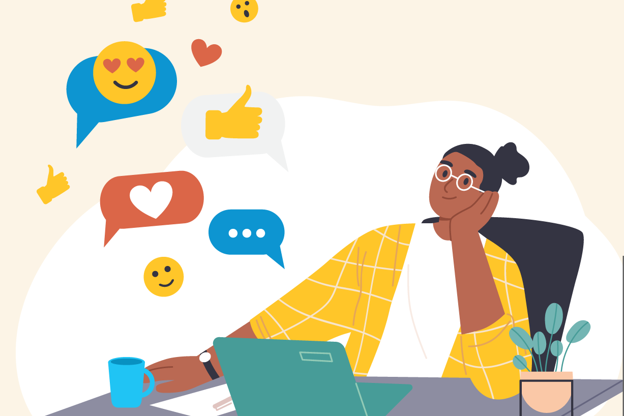 Illustration of a happy female employee sitting at her desk