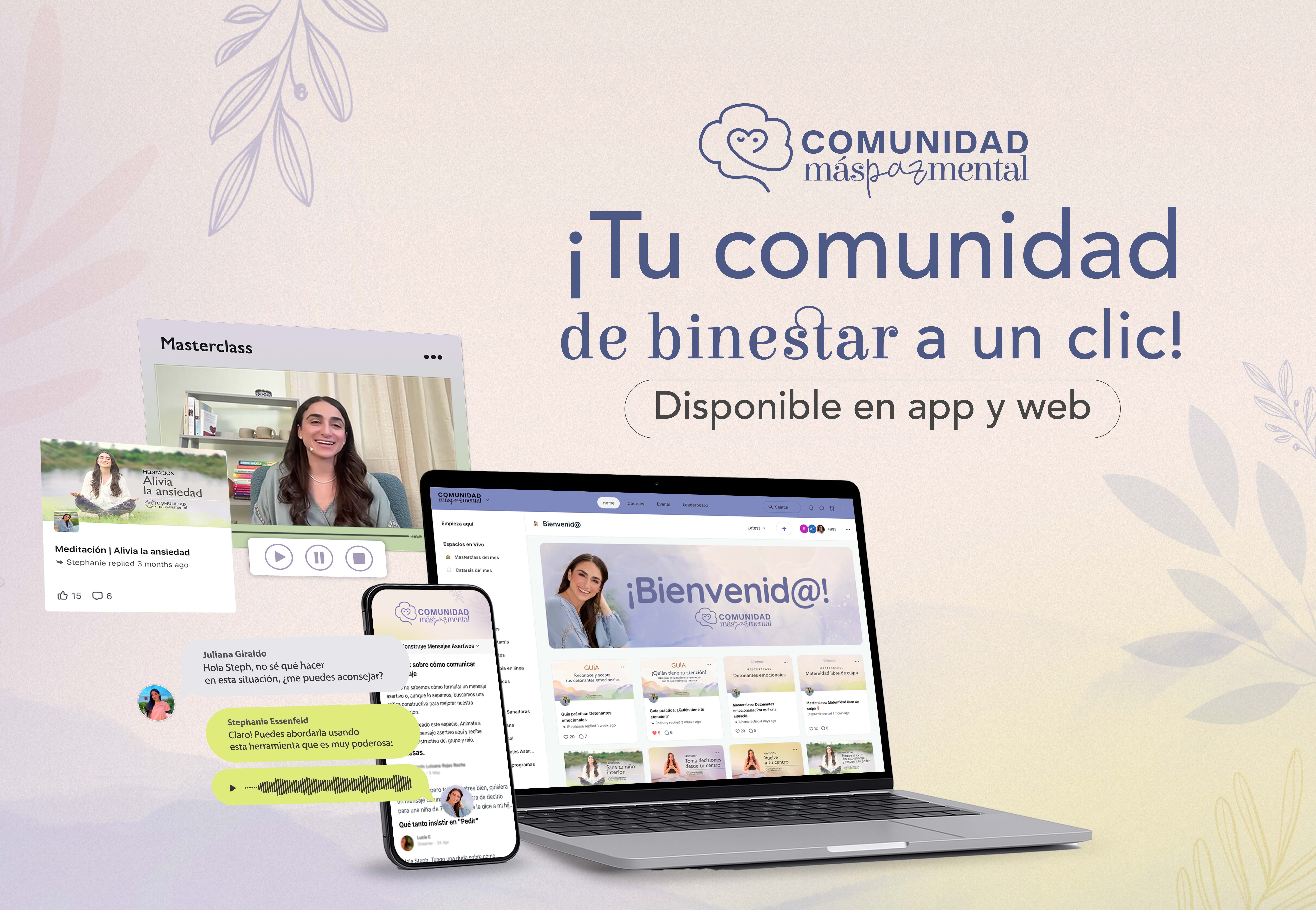 Mockup del programa Más Paz Mental 1 en laptop, tablet y teléfono con manuales de trabajo