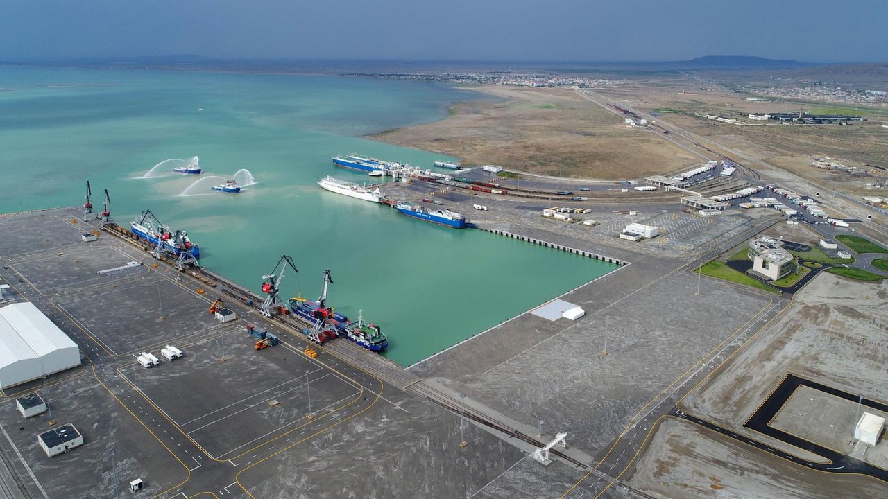 Aerial view of the new Port of Baku at Alat on the Caspian Sea