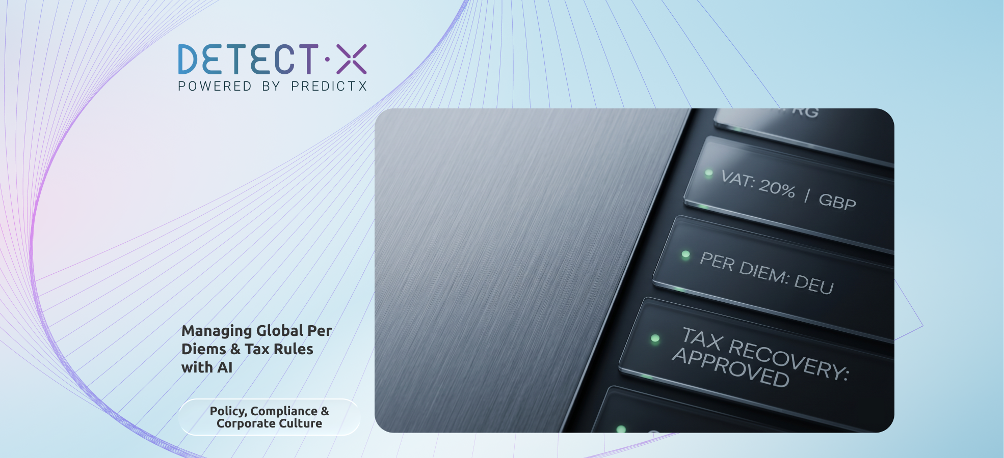 Advanced AI expense management interface automating global per diems and international VAT compliance through localized tax logic and real-time multi-currency processing