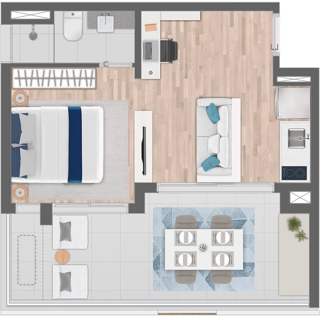 perspectiva ilustrada da 1 dorm 42m² 