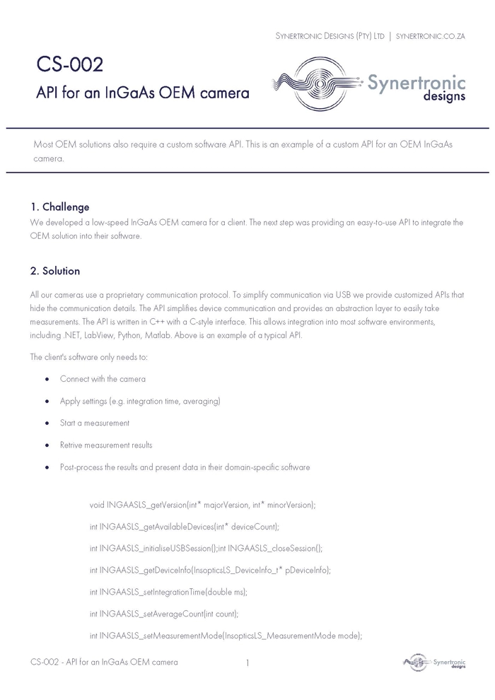 API for an InGaAs OEM camera