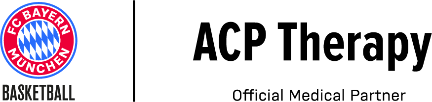 Health partnership logo consisting of the red, white, and blue FC Bayern Basketball logo on the left and the black ACP Therapy logo on the right.
