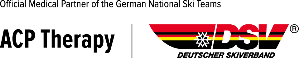 Health partnership logo consisting of the black ACP Therapy logo on the left and the red, yellow, and black German Ski Association (DSV) logo on the right.