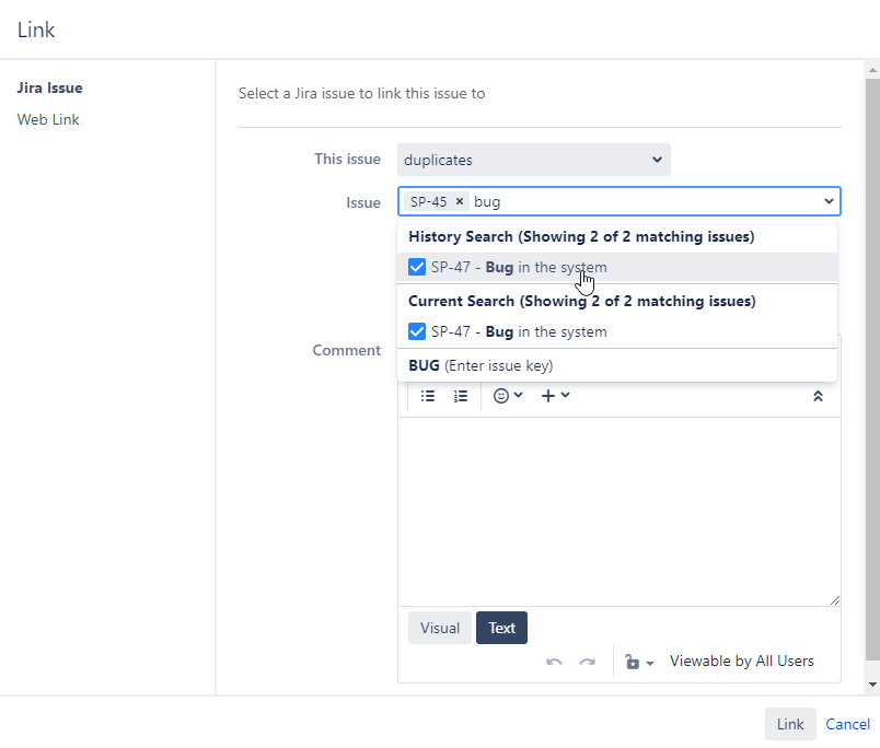 Link the duplicate in Jira