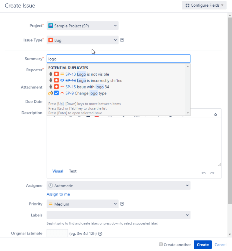 "Create issues" dialogue menu in Jira 