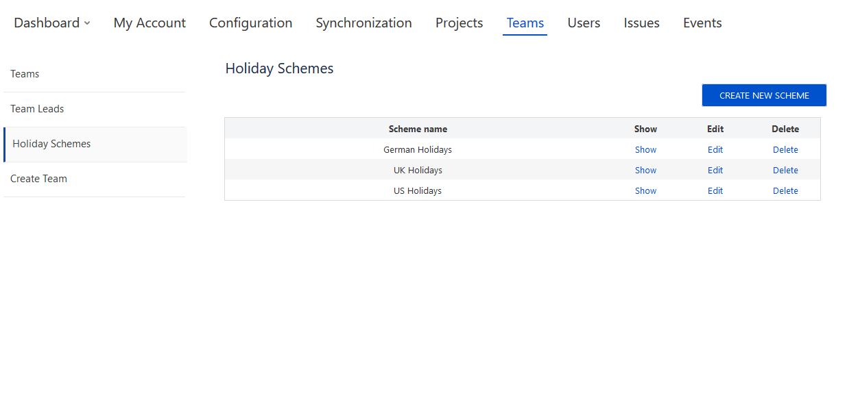 Creation of holiday schemes in ActivityTimeline 
