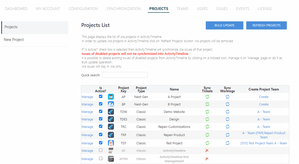 Jira Projects in ActivityTimeline 