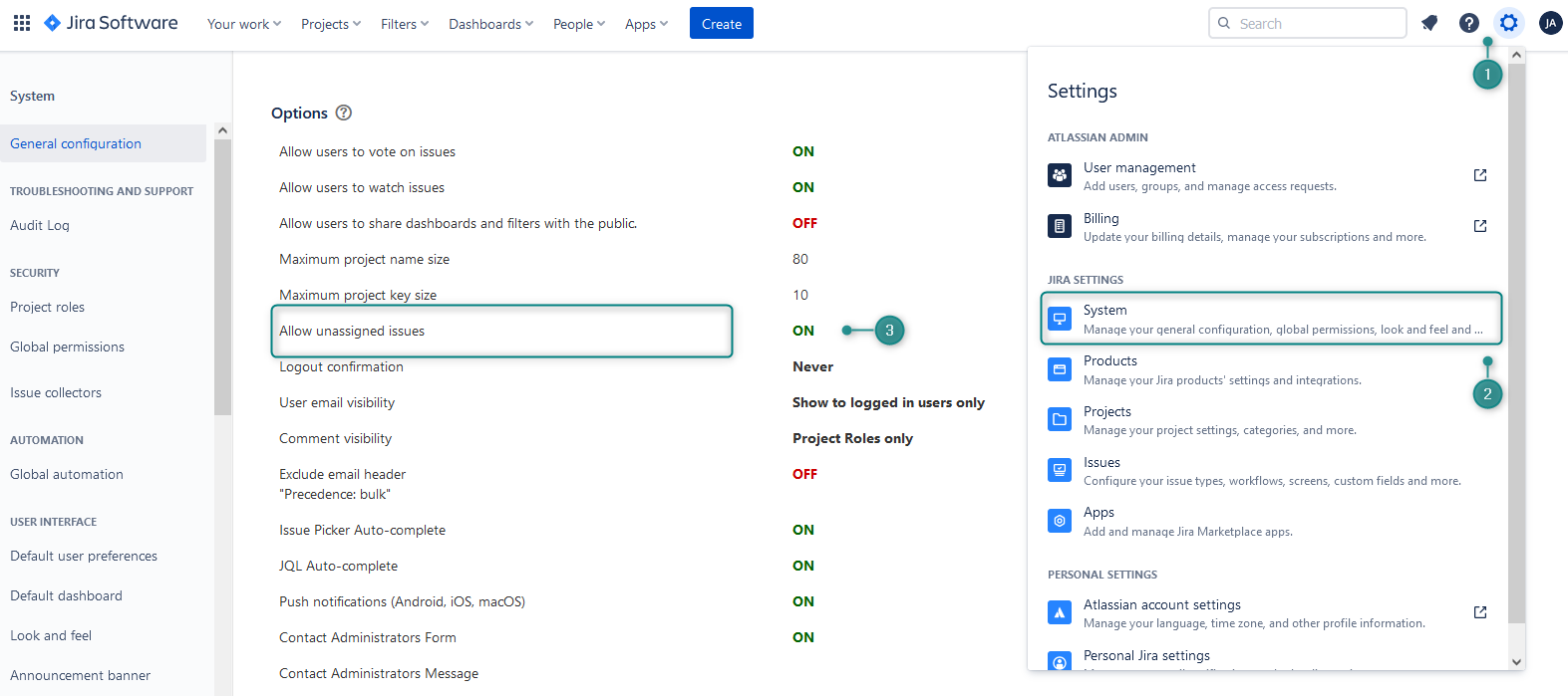 Jira Configuration Menu