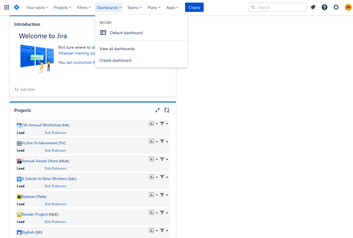  Dashboards Menu in Jira Instance