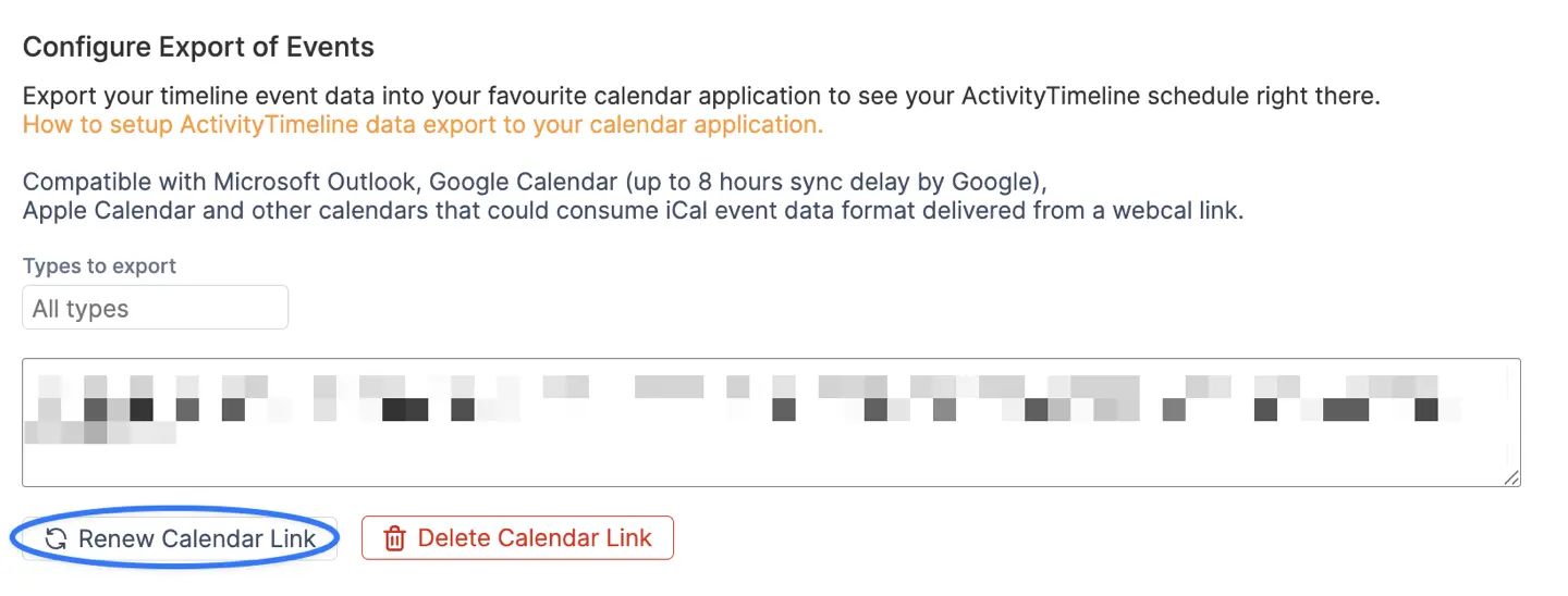 Renew Calendar Link button in ActivityTimeline
