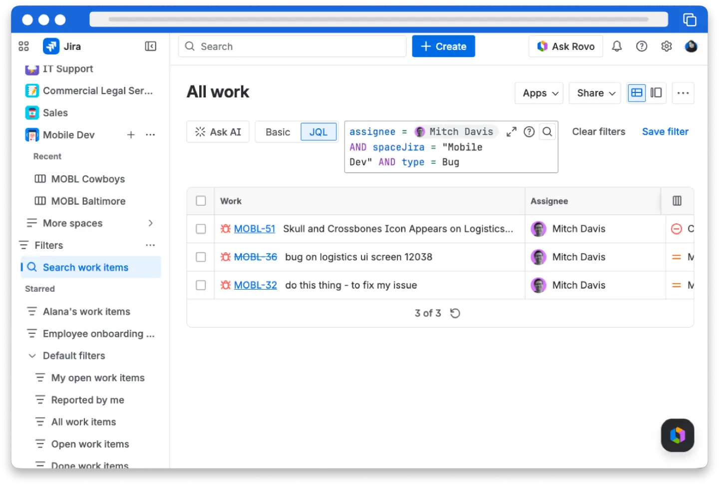 Jira Cloud All work search page with JQL query mode enabled