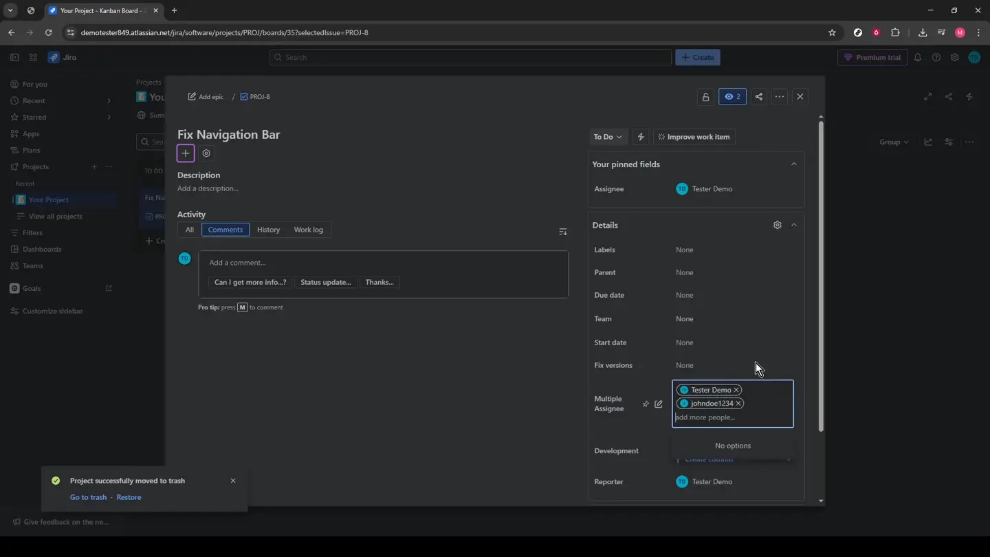 Jira issue view with Assignee and multi-user picker field