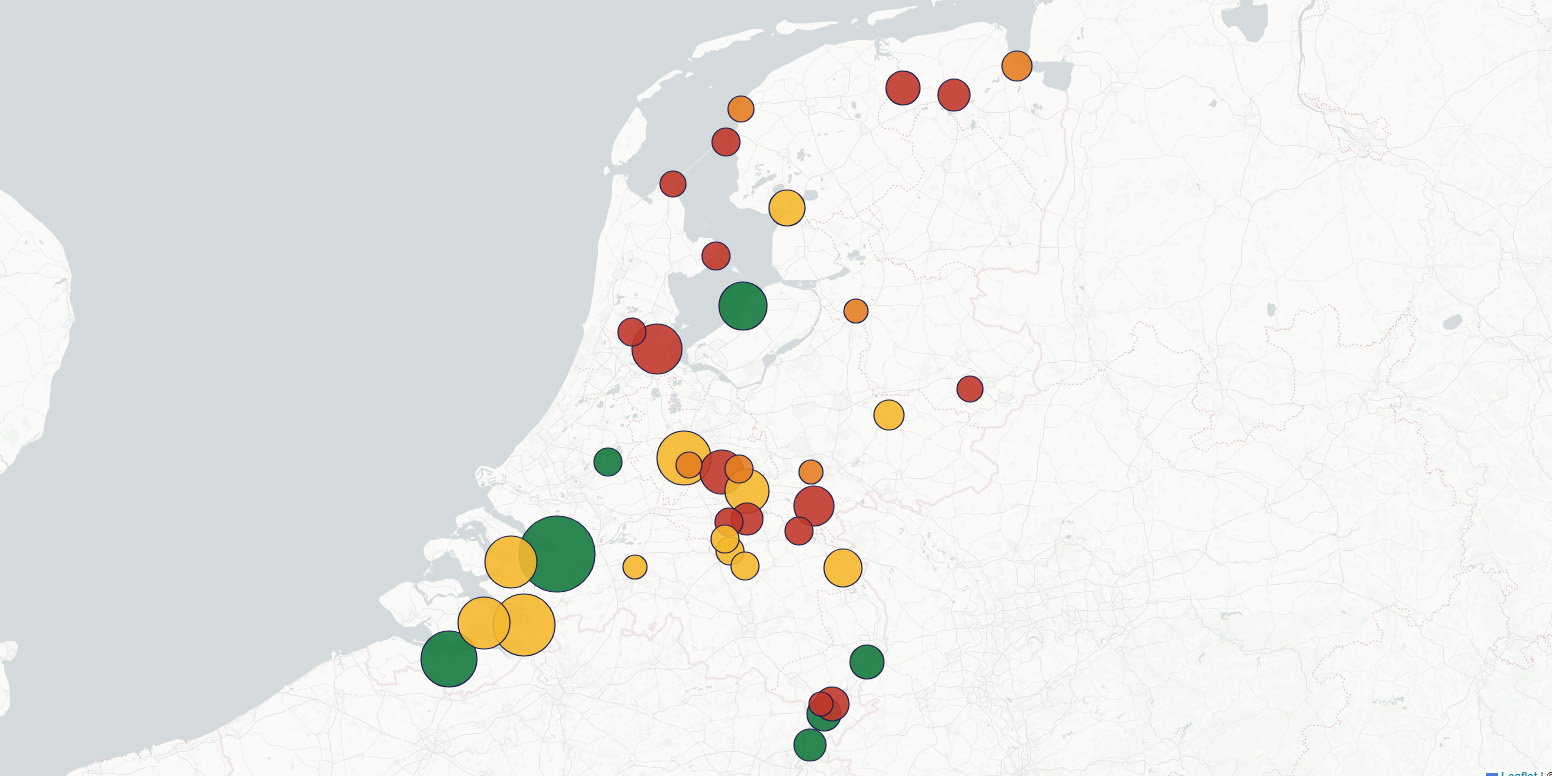 Afbeelding van de interactieve binnenvaartkaart van KBN. Het betreft een kaart van Nederland met verschillende cirkels in grootte en kleur die de 40 meest gebruikte sluizen voorstellen.