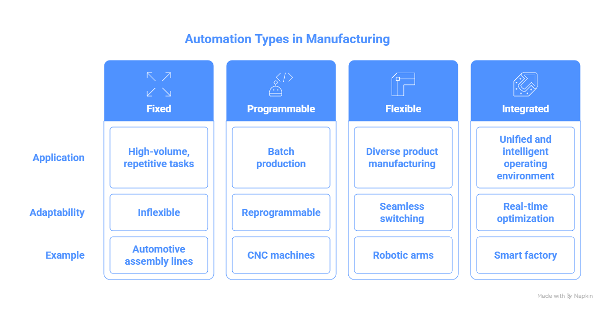 Infographic showing four types of automation in manufacturing: Fixed (high-volume, repetitive tasks, inflexible, e.g., automotive assembly lines), Programmable (batch production, reprogrammable, e.g., CNC machines), Flexible (diverse product manufacturing, seamless switching, e.g., robotic arms), and Integrated (unified intelligent operating environment, real-time optimization, e.g., smart factory).