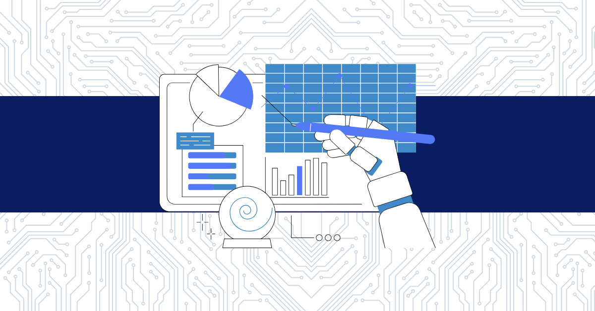 Factory Automation guide banner with a robotic hand pointing to a data dashboard containing charts and graphs. 