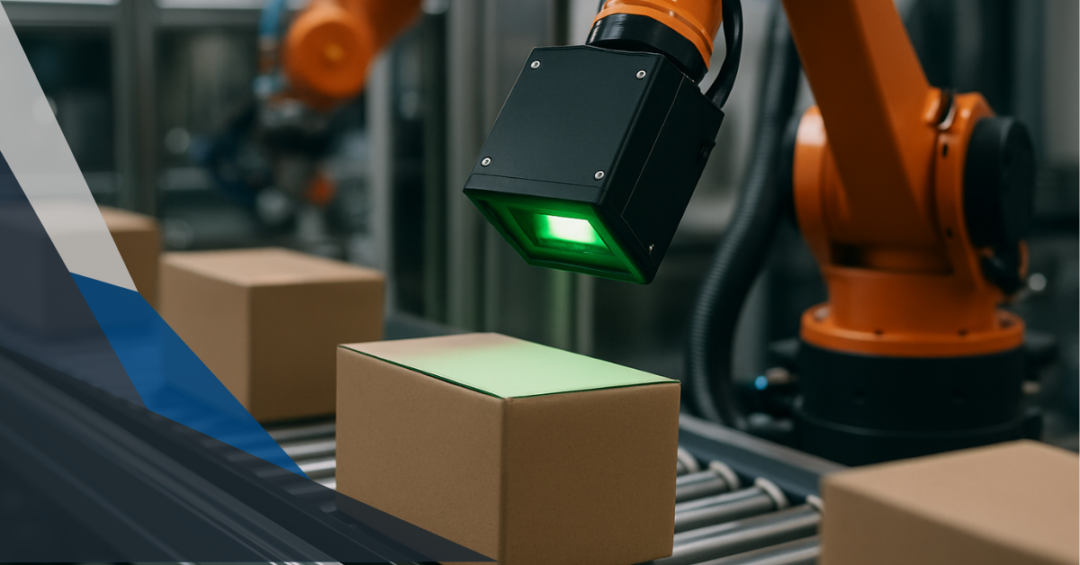 Factory automation system with a robotic arm scanning cardboard boxes on a conveyor belt, showcasing automated packaging and inspection.