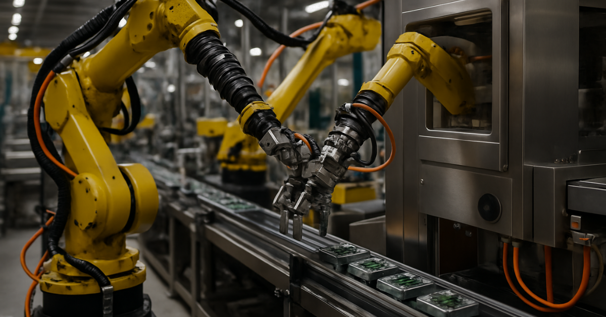 Close-up of yellow industrial robotic arms working on an automated factory assembly line, emphasizing efficiency and precision.