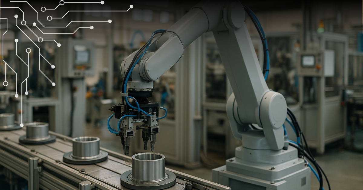 Industrial robotic arm operating on a conveyor belt in a modern factory.
