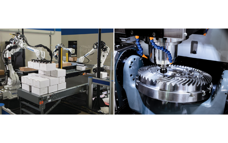 Industrial automation collage showing robotic arms stacking boxes, a CNC milling machine cutting a metal gear, and a futuristic factory assembly line with advanced robotic systems.