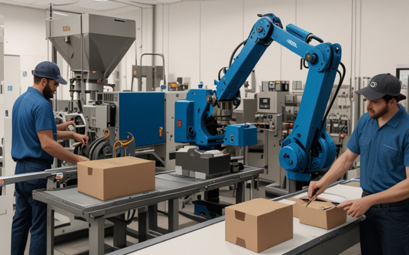 Industrial manufacturing facility with robotic arm and workers assembling and packaging cardboard boxes on a conveyor belt.