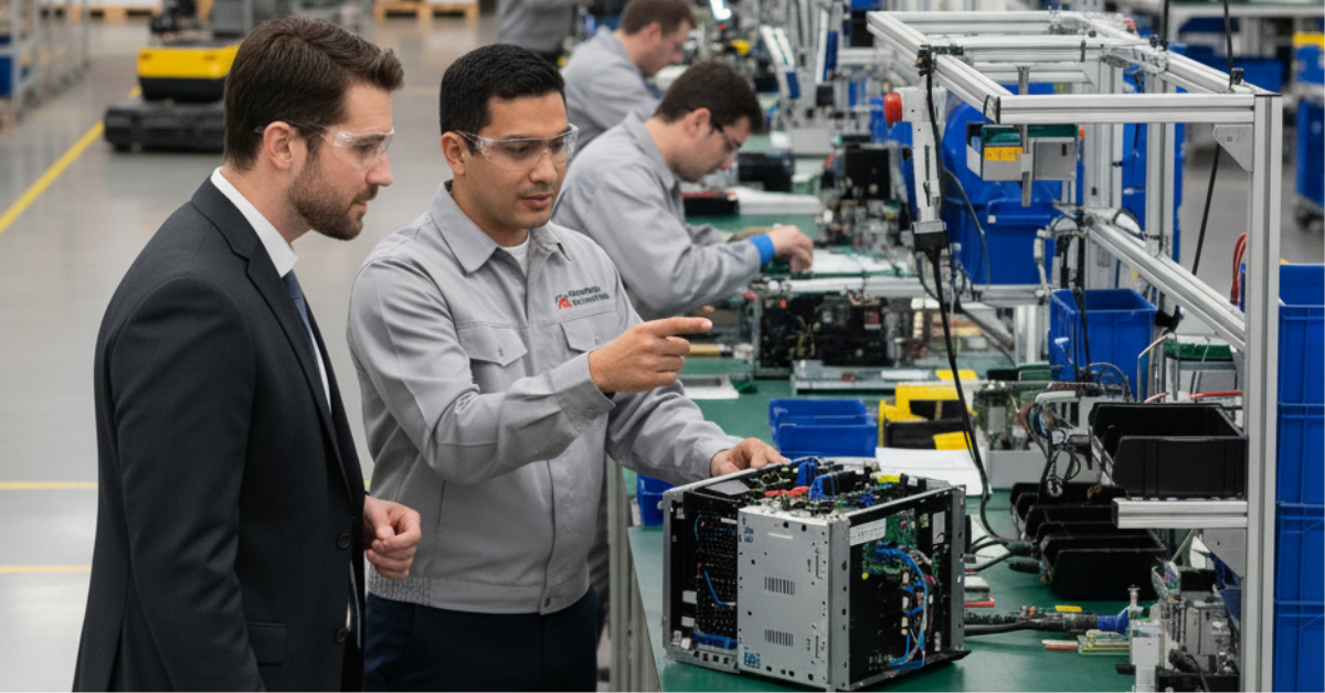 Engineer explains assembly process to a suited visitor on an electronics manufacturing floor. Workers in the background assemble components at workstations.