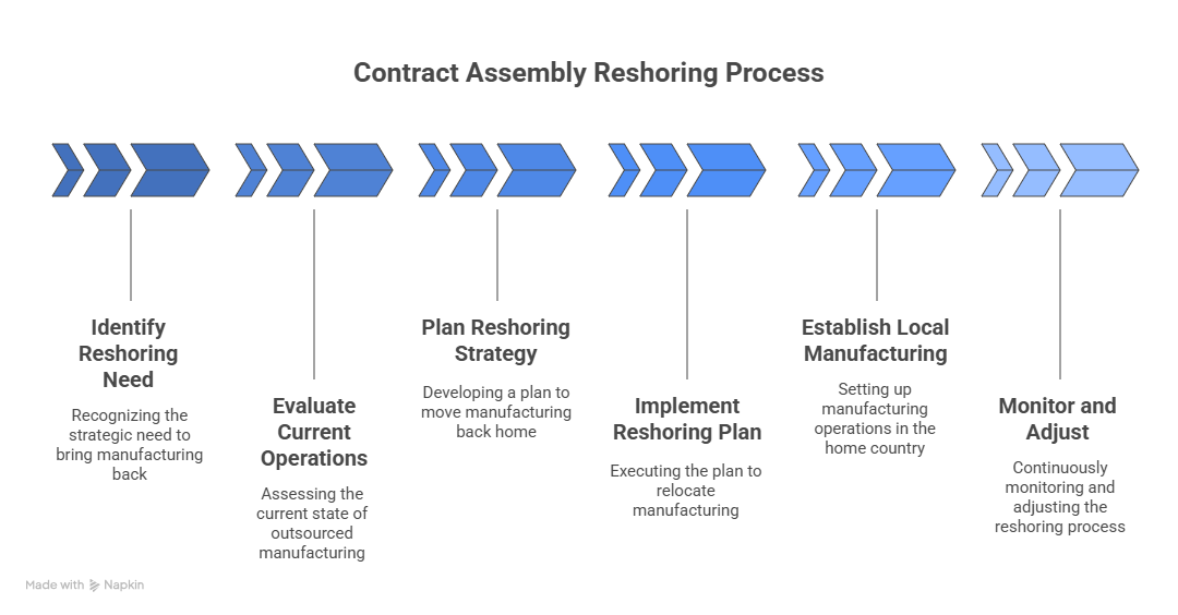 Step-by-step visual of the contract assembly reshoring process, including key stages: Identify Reshoring Need, Evaluate Current Operations, Plan Reshoring Strategy, Implement Plan, Establish Local Manufacturing, and Monitor and Adjust.