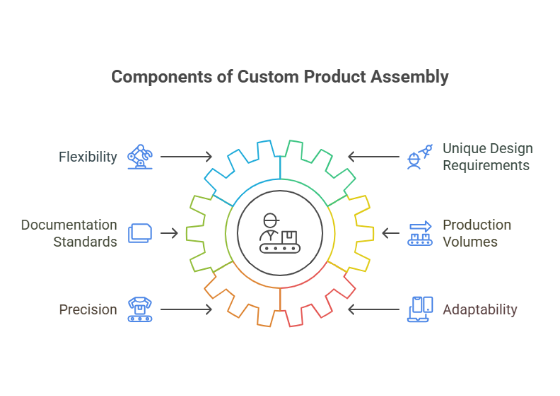 Infographic titled “Components of Custom Product Assembly” featuring a central gear icon with arrows pointing to six key elements: Flexibility, Documentation Standards, Precision, Unique Design Requirements, Production Volumes, and Adaptability. Each component is represented by an icon and color-coded to emphasize its role in the custom assembly process.