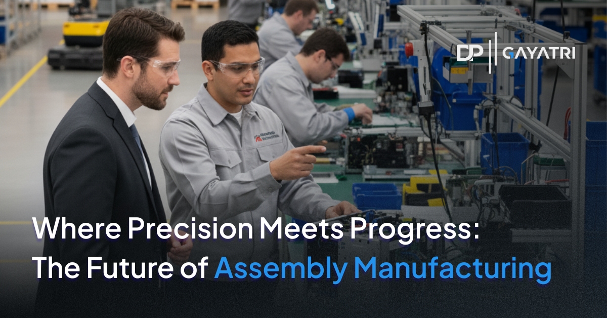 Engineer explains assembly process to a suited visitor on an electronics manufacturing floor. Workers in the background assemble components at workstations.