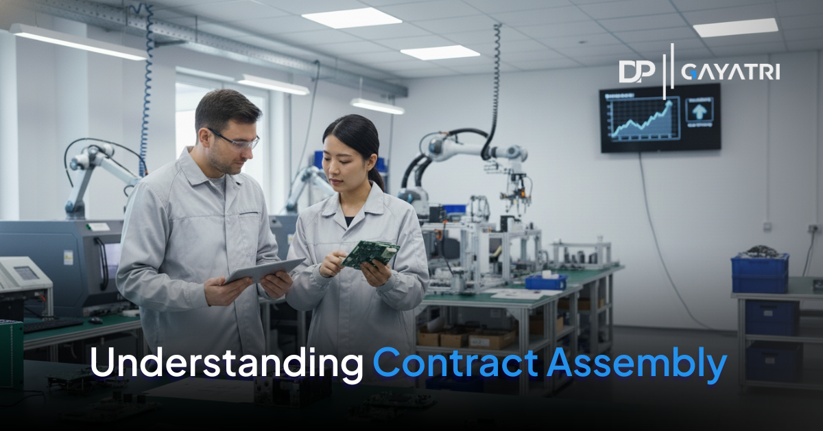 Banner of two workers reviewing an assembly line, with the logo of the company and text for What is Contract Assembly