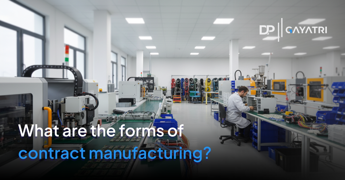 Banner of a complete manufacting line on a factory with the logo and company, and the text for Forms of contract manufacturing