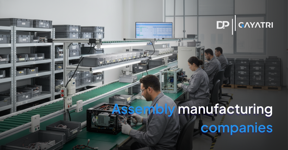 Banner with the text for Assembly Manufacturing Companies with some workers on an assembly line with different technologic tools on table