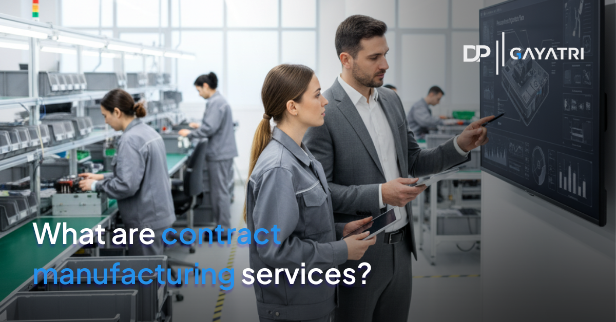 Banner with the text for What are Contract Manufacturing Services? with two workers looking on a screen discussing and detailing some structure on the board on front of them