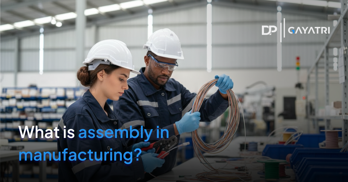 Banner with the text for What is Assembly in Manufacturing? with two workers reviewing an assembly of cables on the background