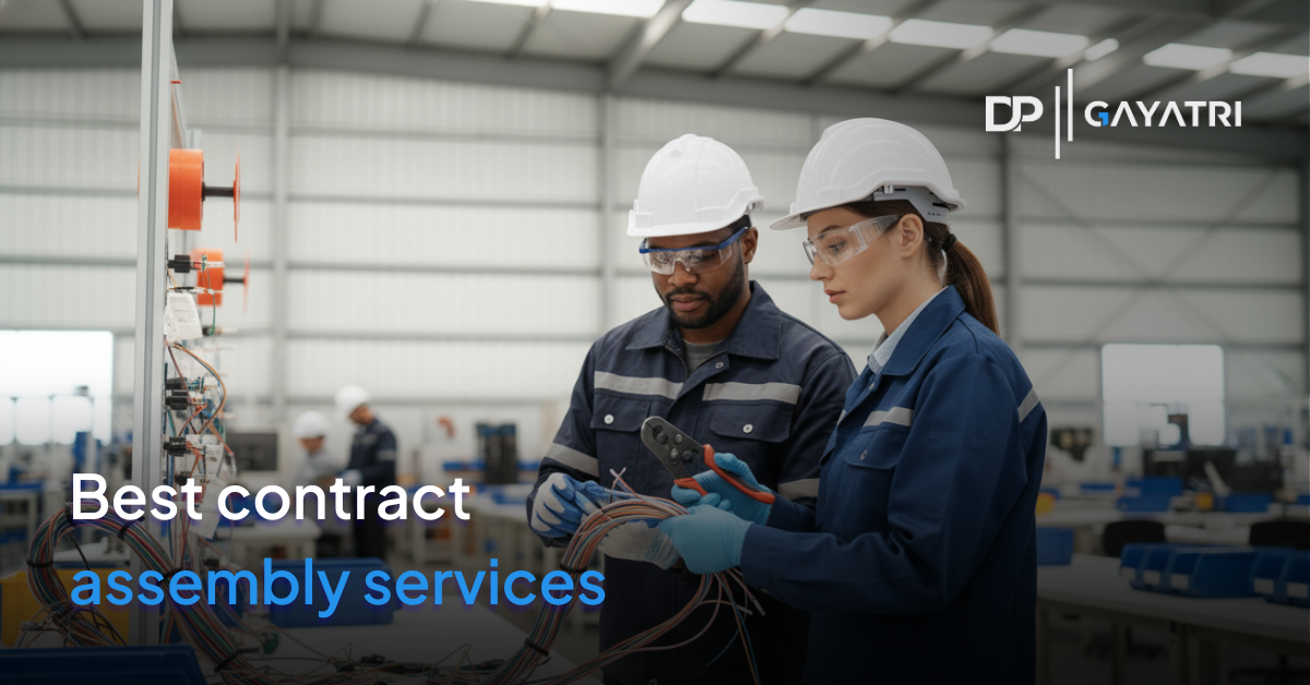 Banner with the text for Best Contract Assembly Services, with two workers fixing a wire line on a factory on the background