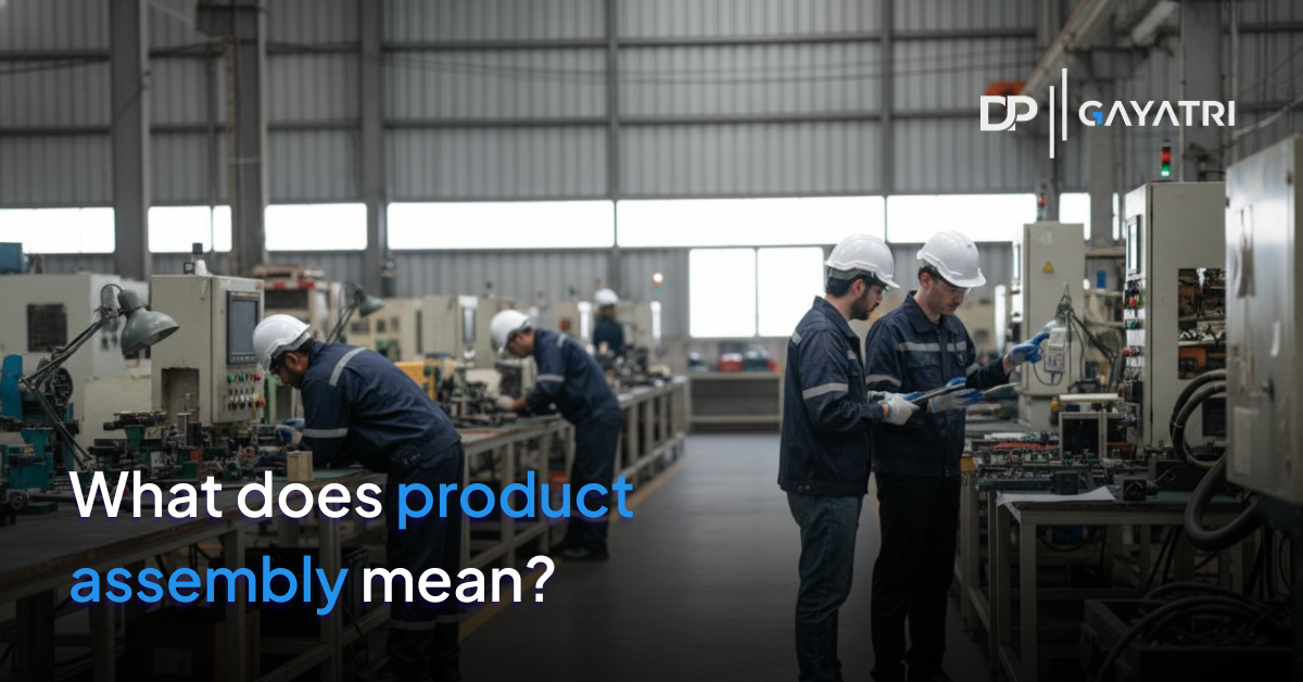 Banner with the text for What Does Product Assembly Mean? with a production line on the background with different workers and assembly lines