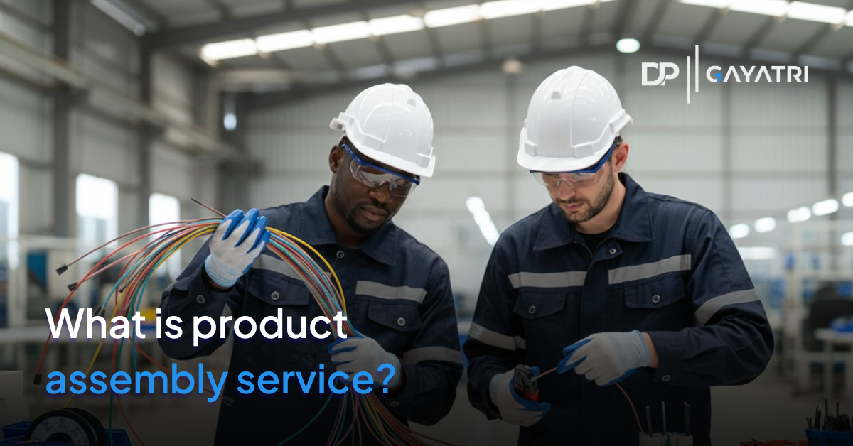 Banner with the text for What is Product Assembly Service? with two workers on the background cutting some wires on a factory