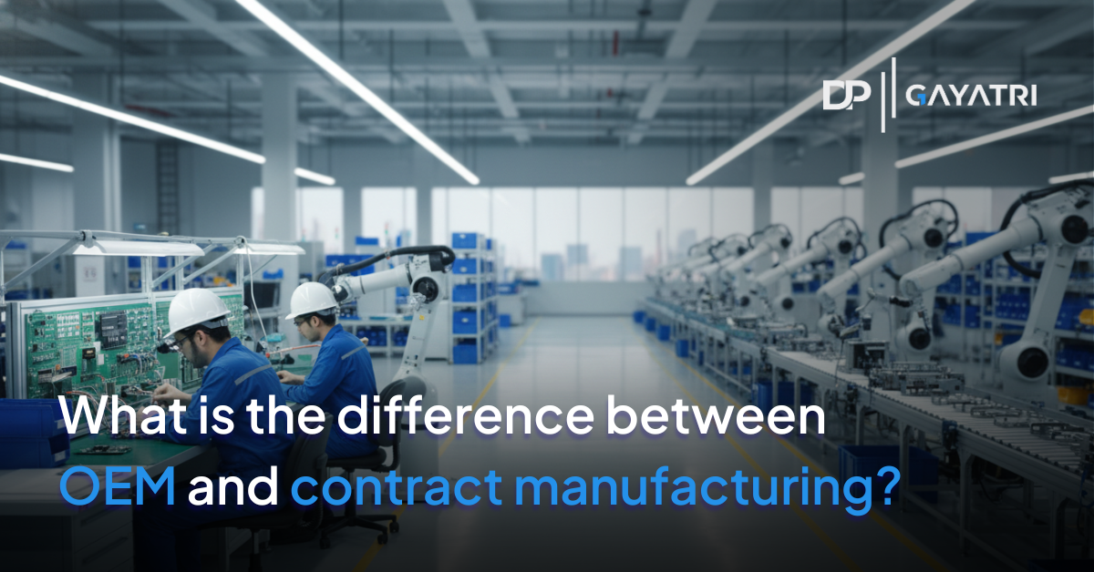 Banner with the text for What is the Difference Between OEM and Contract Manufacturing? with an assembly line of a factory with some workers on the background