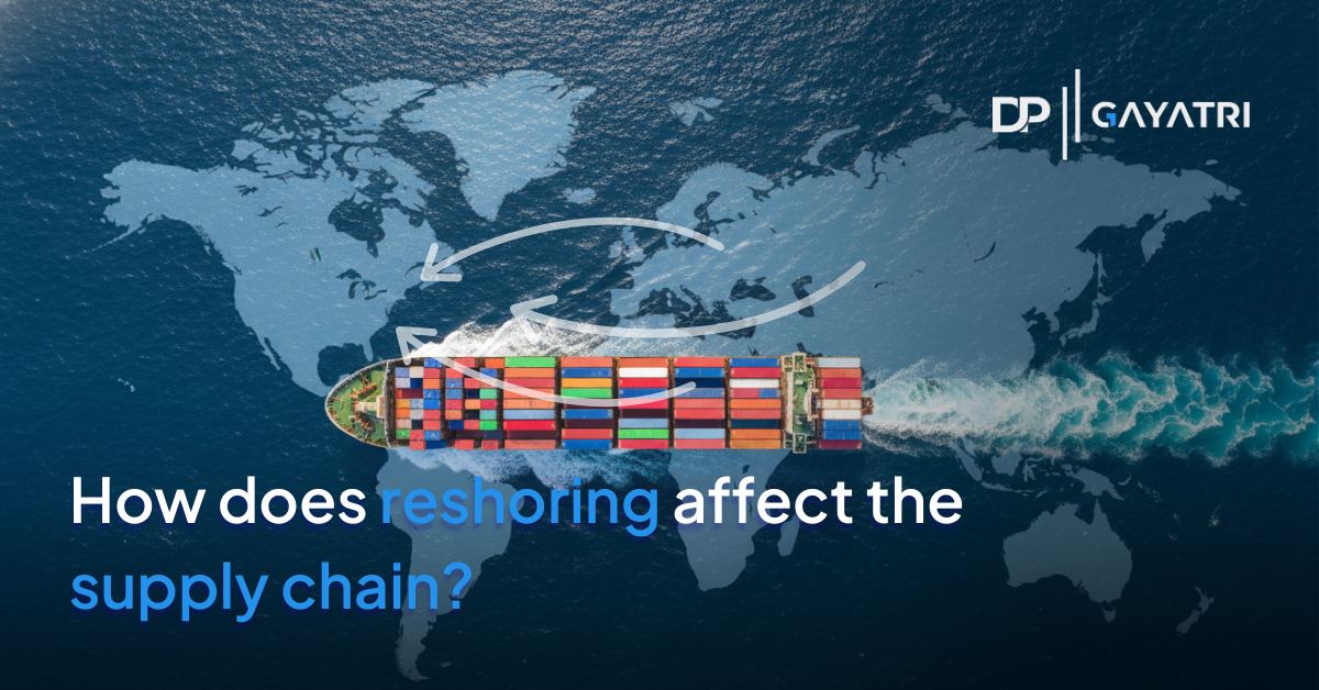Banner with the text for How does Reshoring Affect the Supply Chain? with an image on a ship transporting some containers with a map of the world on the background