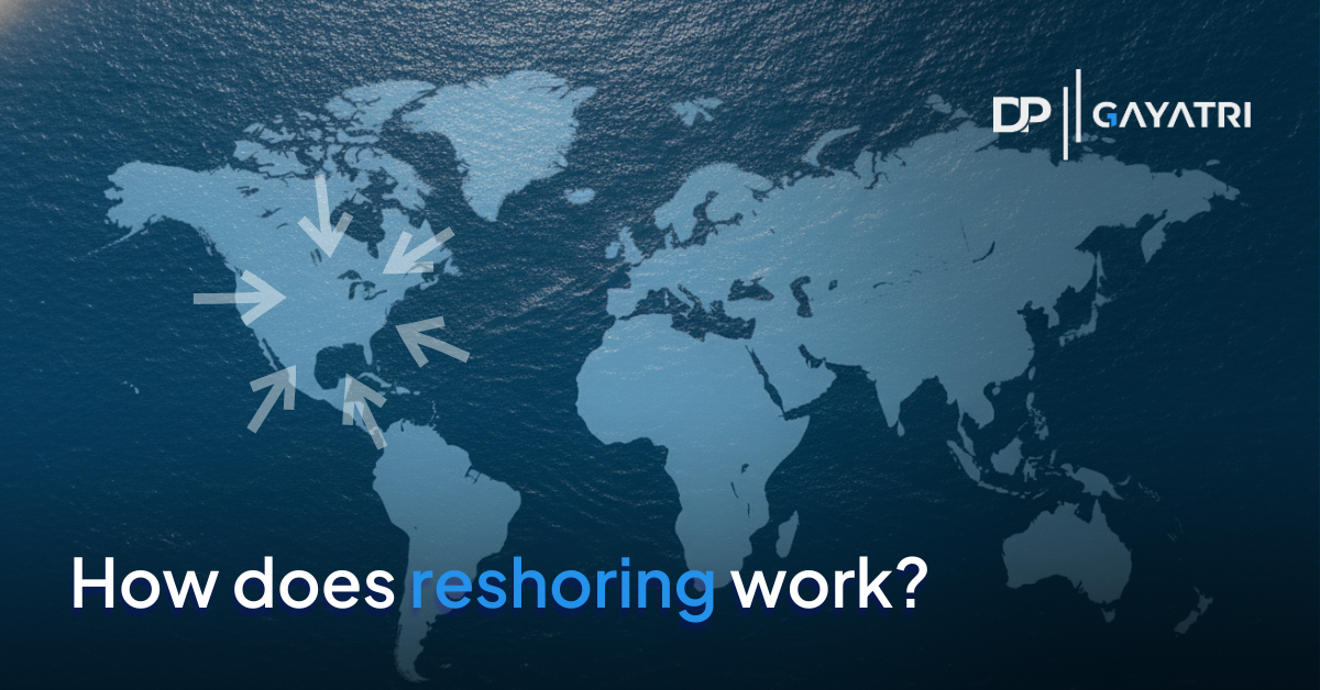 Banner with the text for How does Reshoring Work? with a map of the world over an ocean with different arrows pointing to the US