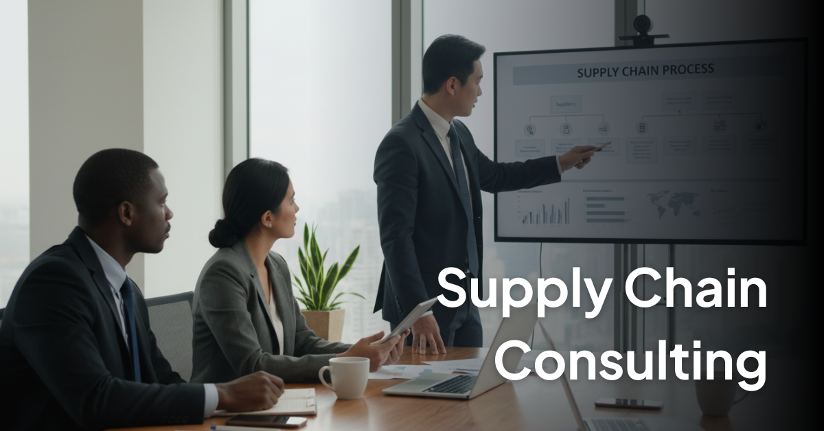 Banner with the text for Supply Chain Consulting with the image of 3 different employees watching a graph on a board