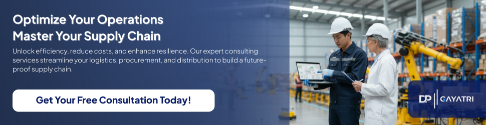 Banner with the text for Optimize your operations, master your supply chain, with the image of two engineers looking to a computer with graphics on a automation factory