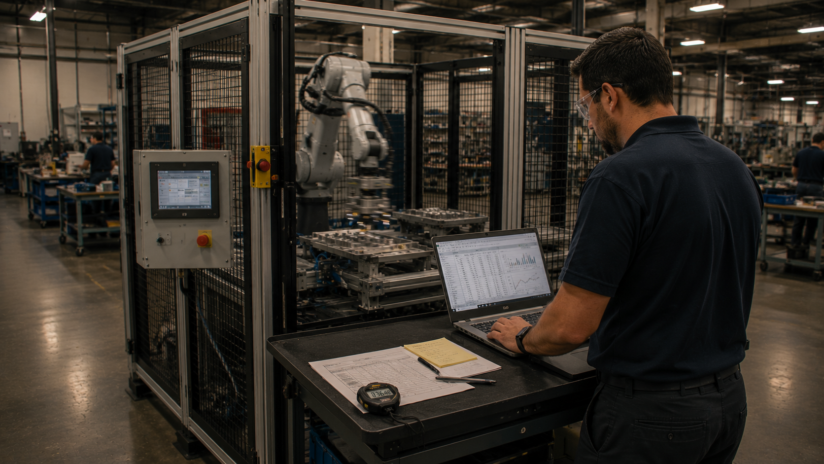 Field engineer calculating robotic cell ROI cycle time and uptime in production