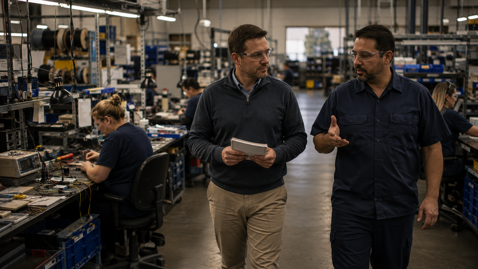 Contract assembly partner evaluation meeting on manufacturing floor with wire harness in background