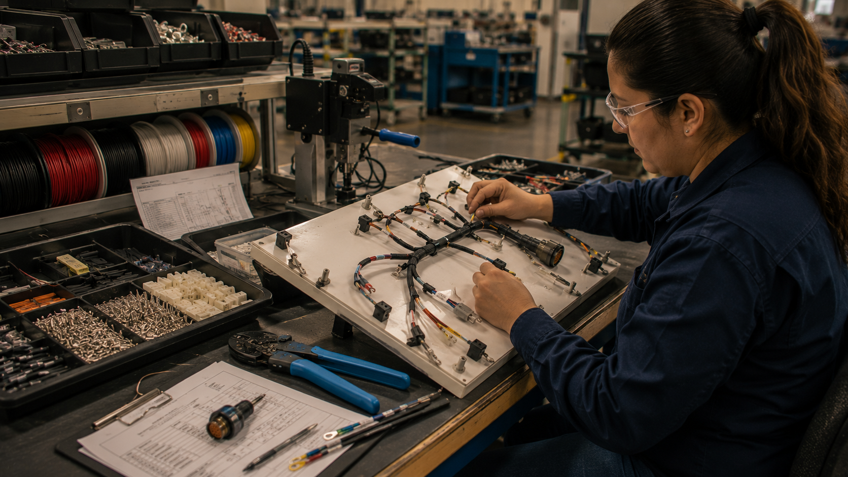 Wire harness assembly on a production bench