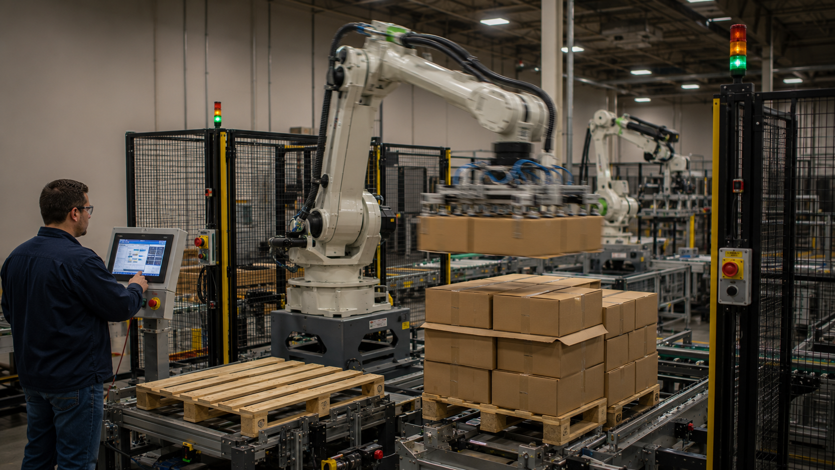 Kawasaki palletizing robot in a packaging line