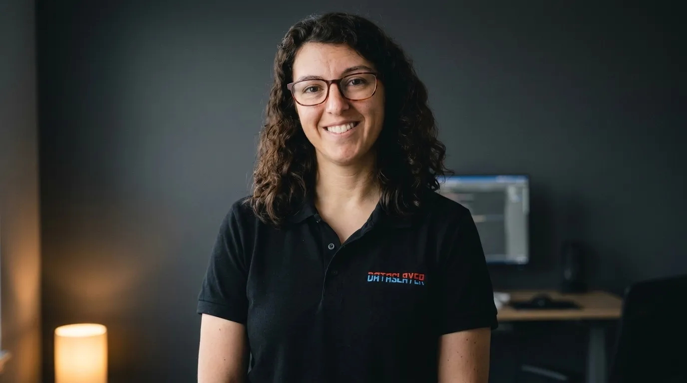 A Dataslayer specialist in a black Dataslayer polo shirt, smiling, in a dark office