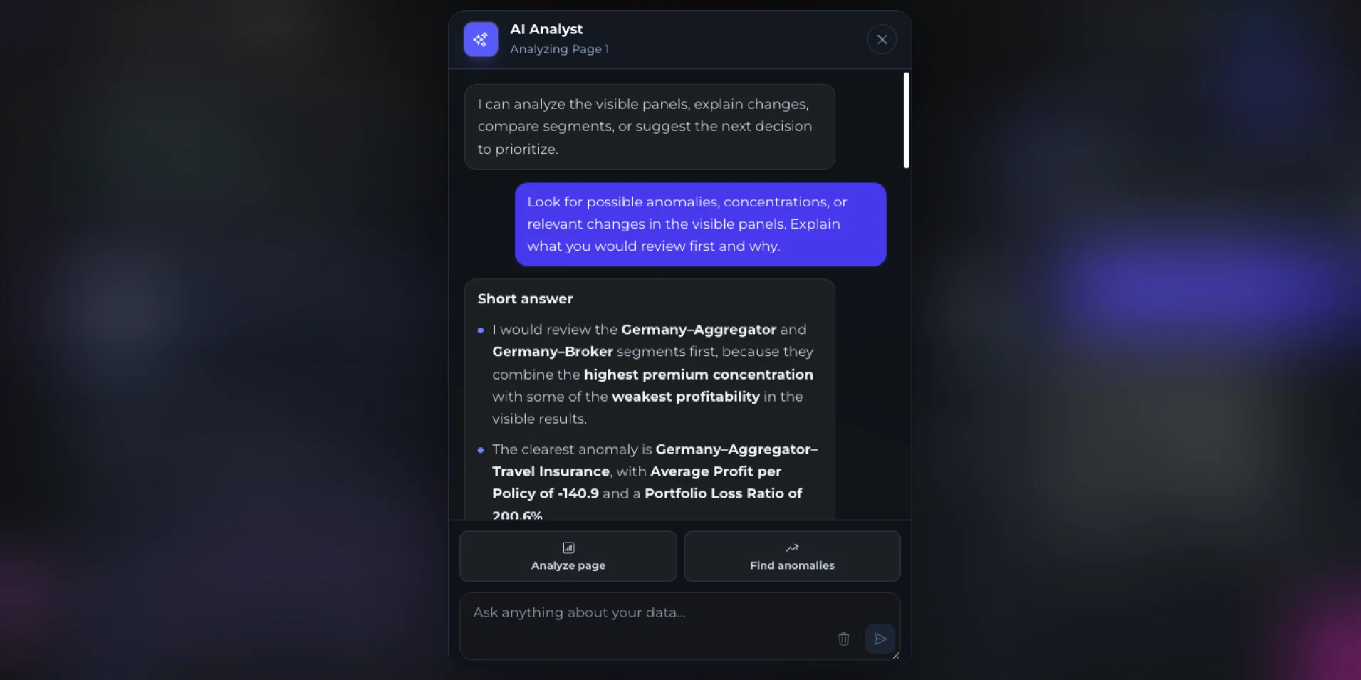 Atlas: AI Analyst respondiendo sobre los paneles