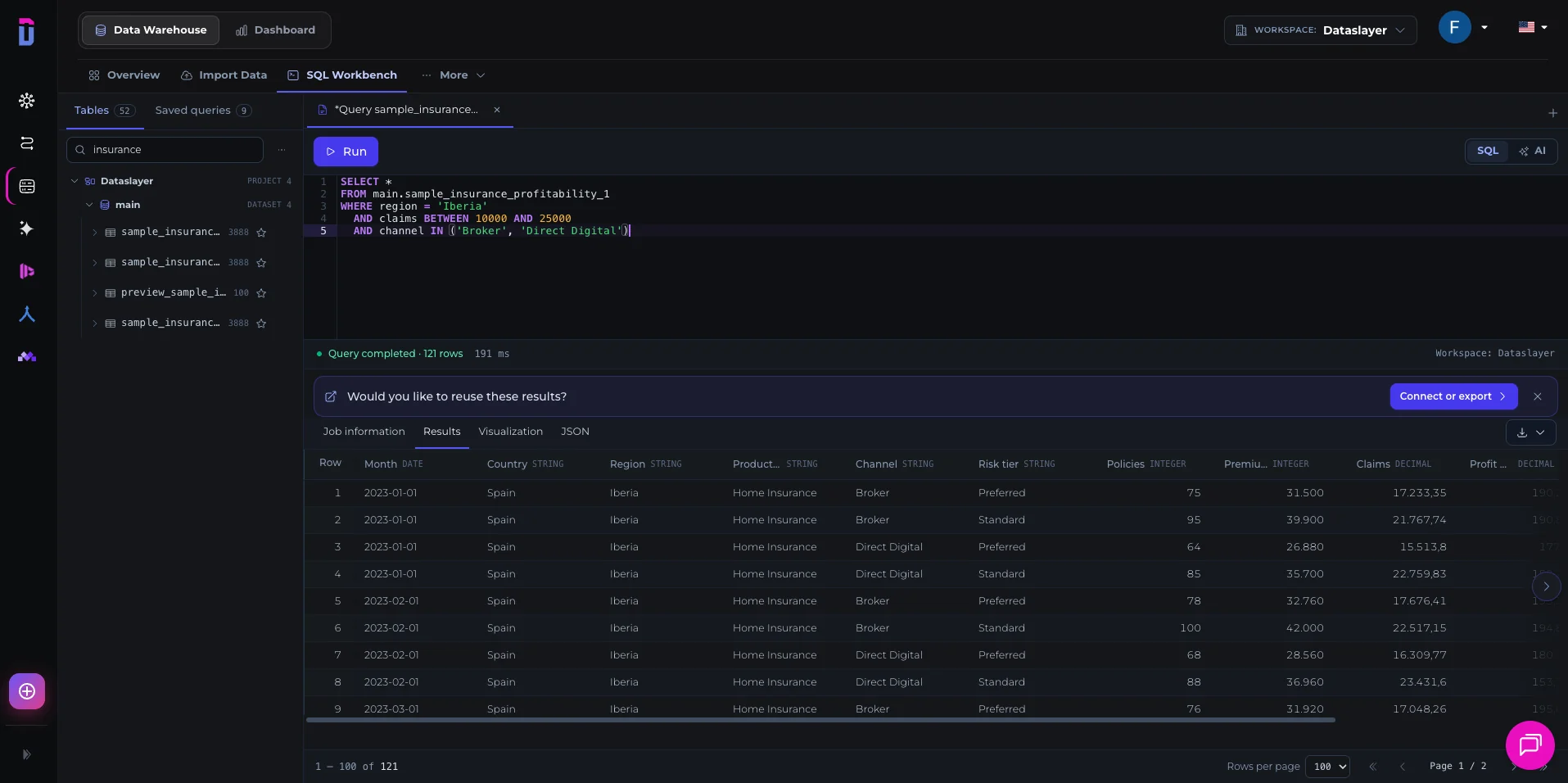 Atlas: SQL Workbench ejecutando una consulta