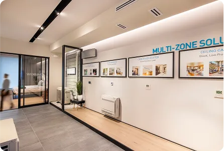 Modern office hallway with glass doors and multi-zone solution displays
